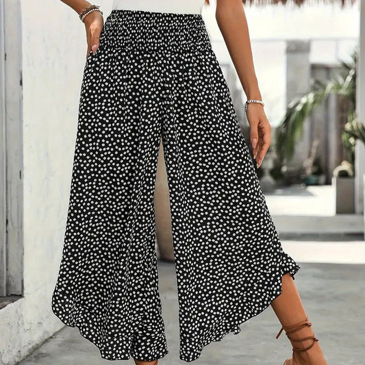 Culture® | Casual Printed High-Waisted Ruffle Wide-Leg Pants
