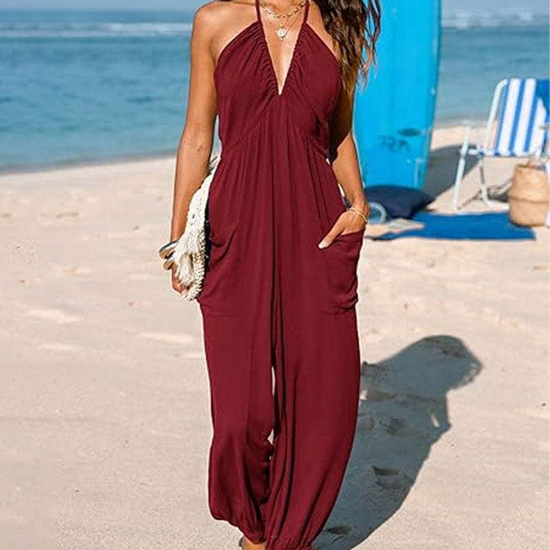 Culture® | V-Neck Backless Loose-Fitting Jumpsuit