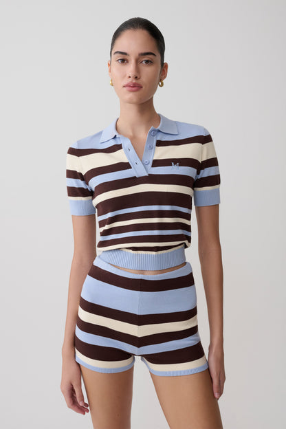 Culture® | Stripe Knit Button Up Top - Chocolate/Blue