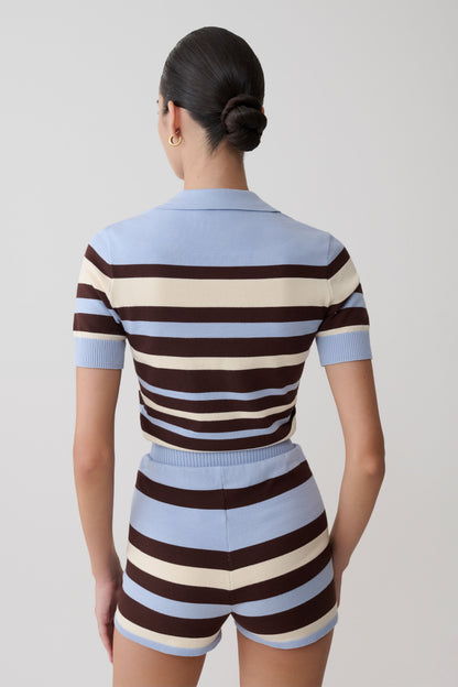 Culture® | Stripe Knit Button Up Top - Chocolate/Blue
