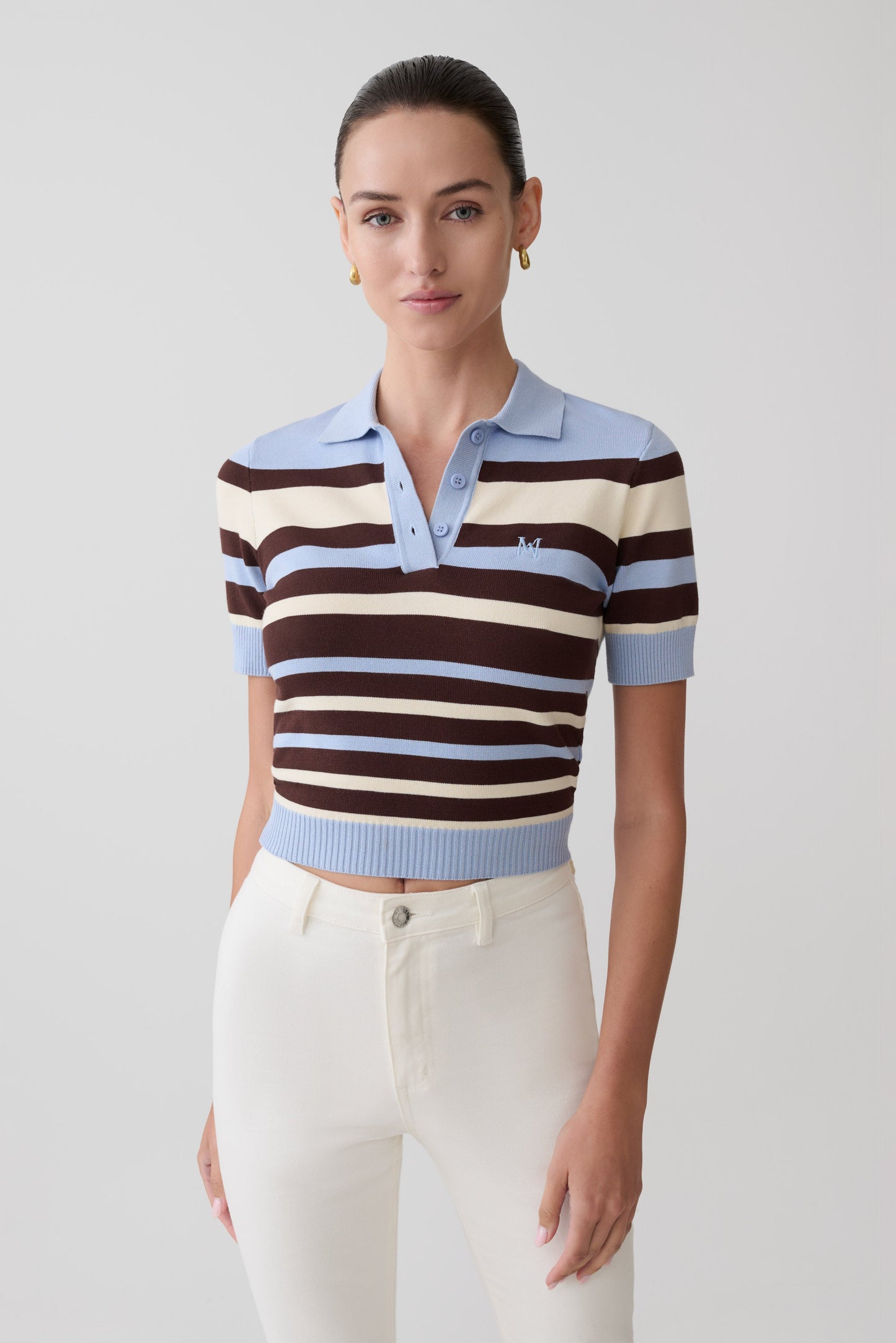 Culture® | Stripe Knit Button Up Top - Chocolate/Blue