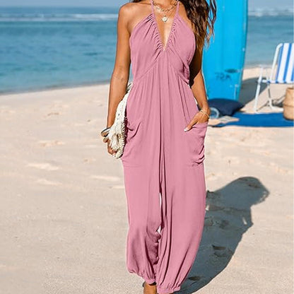 Culture® | V-Neck Backless Loose-Fitting Jumpsuit