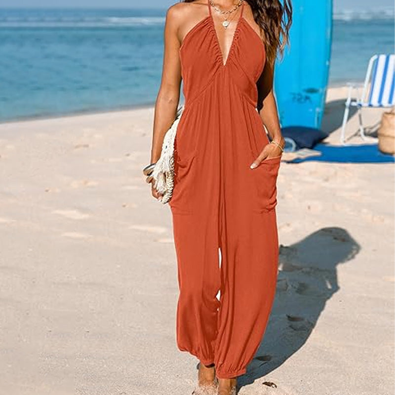Culture® | V-Neck Backless Loose-Fitting Jumpsuit