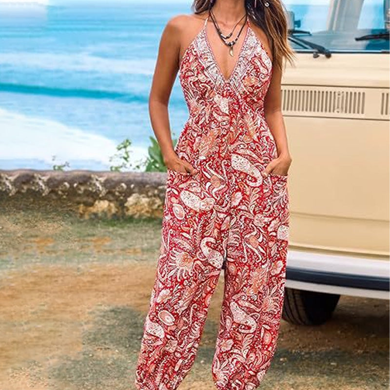 Culture® | V-Neck Backless Loose-Fitting Jumpsuit
