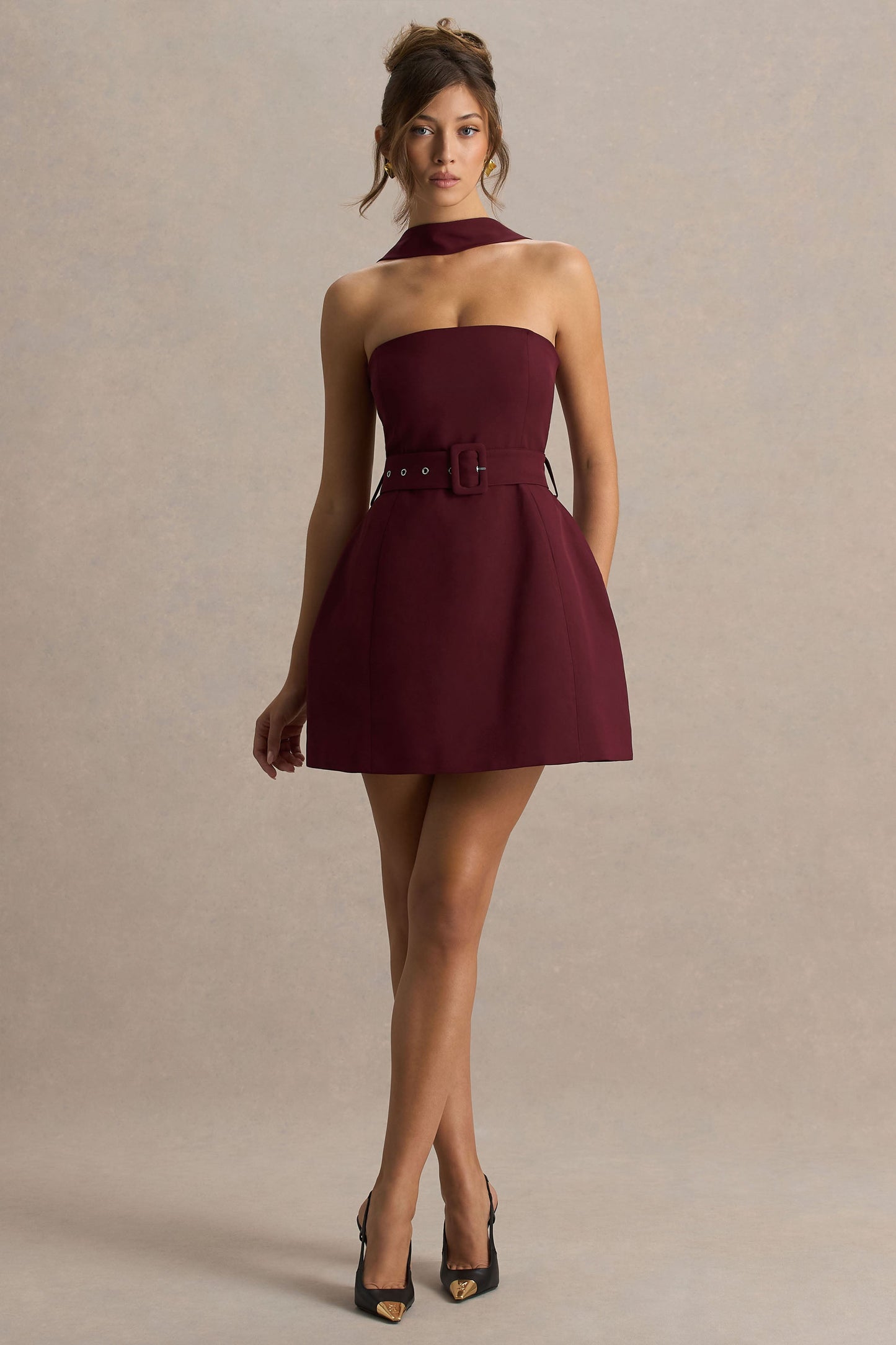 Culture® | Burgundy High-Neck Tailored Micro-Mini Dress