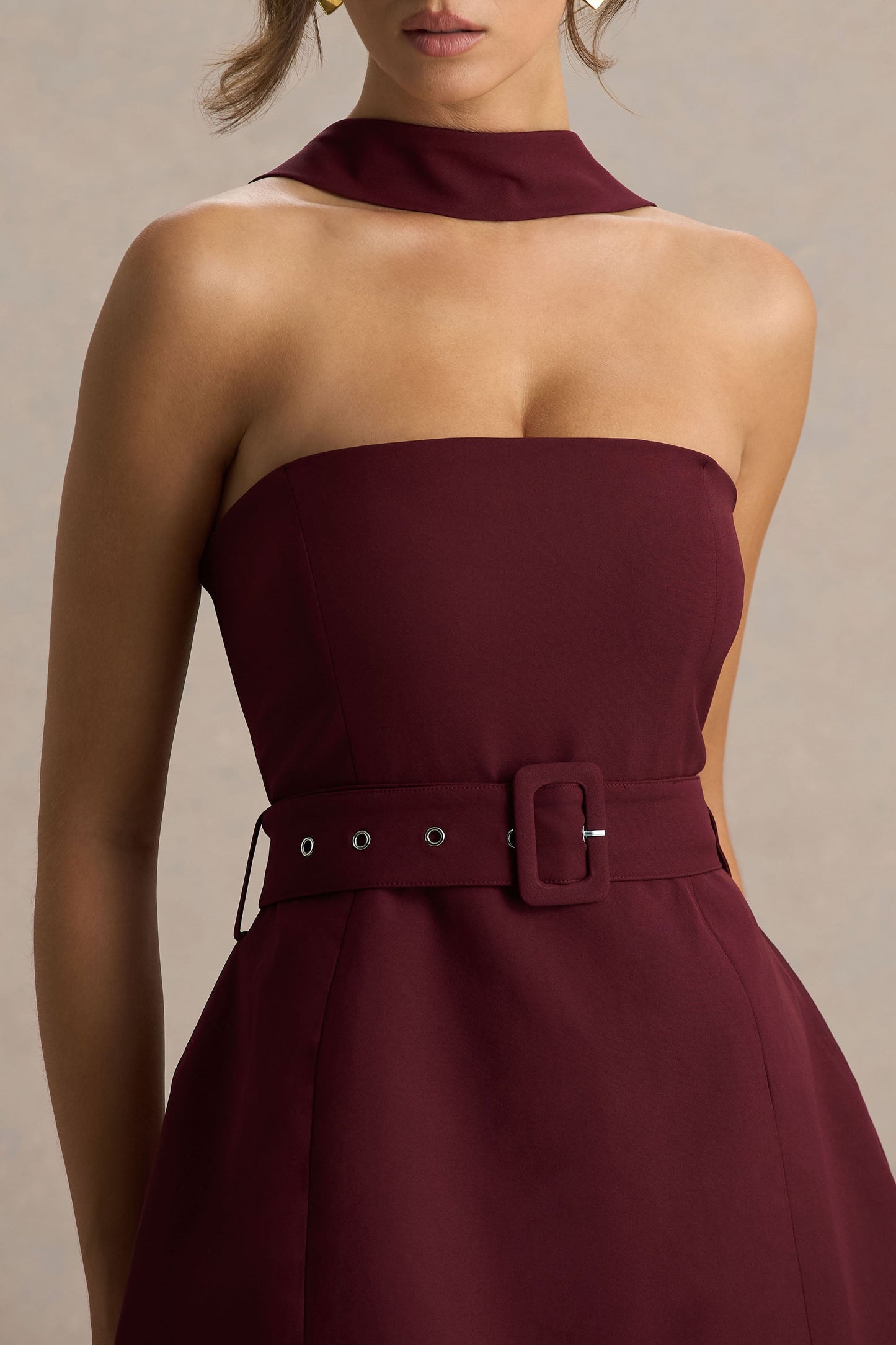 Culture® | Burgundy High-Neck Tailored Micro-Mini Dress