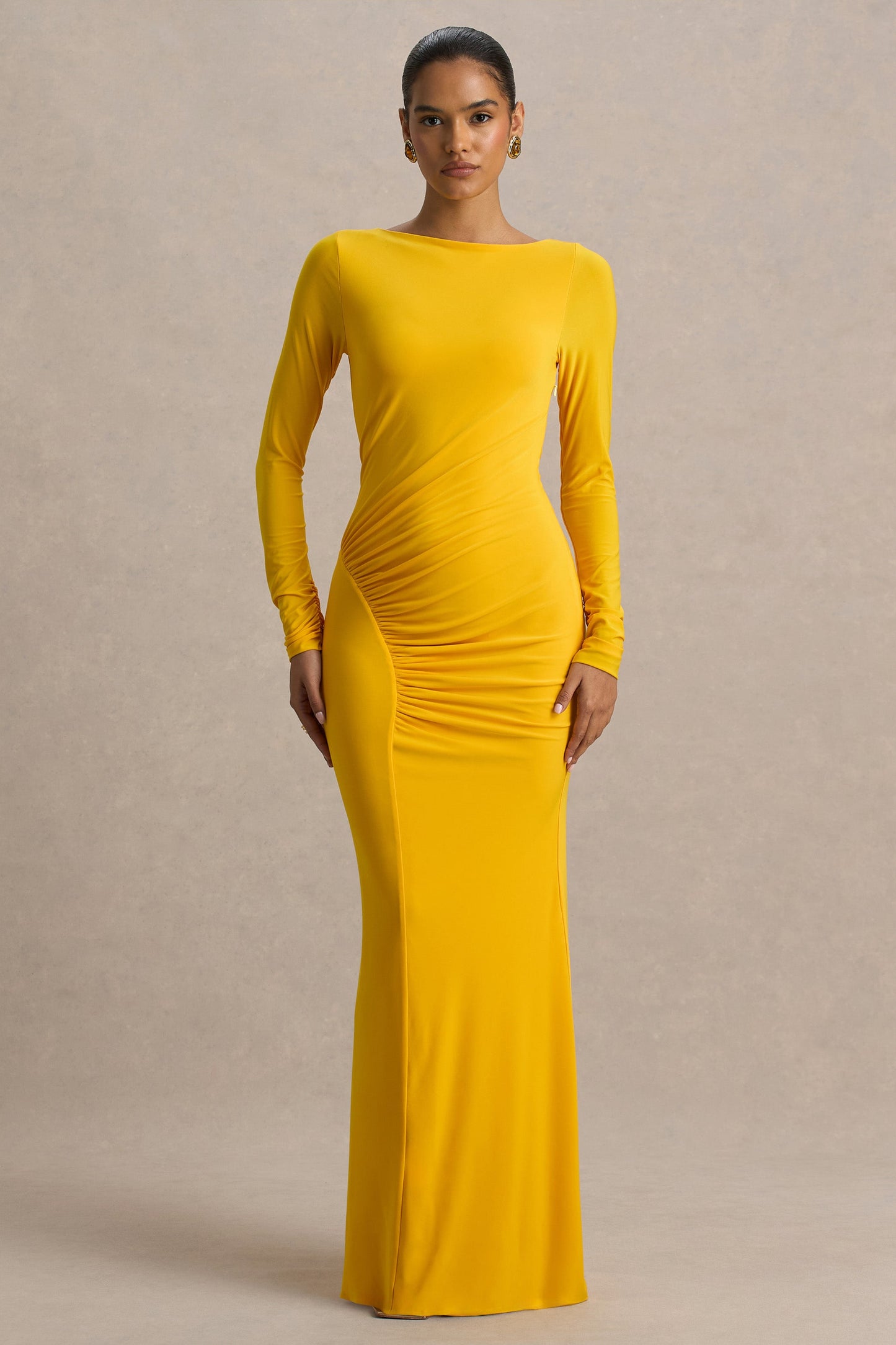 Culture® | Yellow Slashed-Neck Maxi Dress With Ruched Detailing
