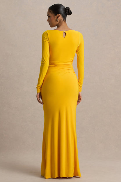 Culture® | Yellow Slashed-Neck Maxi Dress With Ruched Detailing