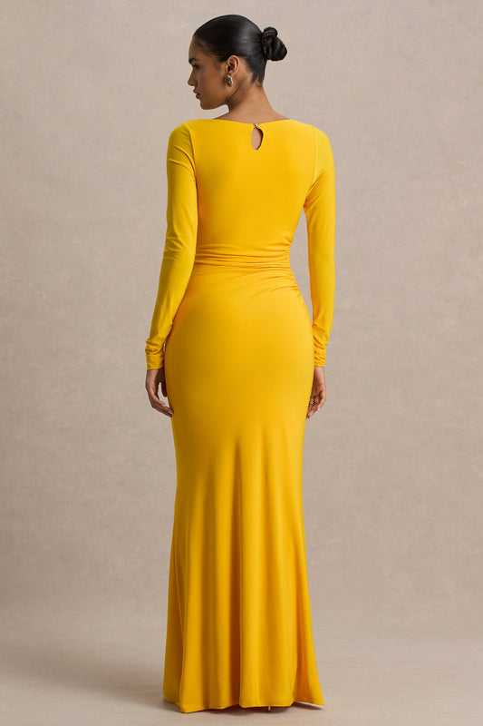 Culture® | Yellow Slashed-Neck Maxi Dress With Ruched Detailing