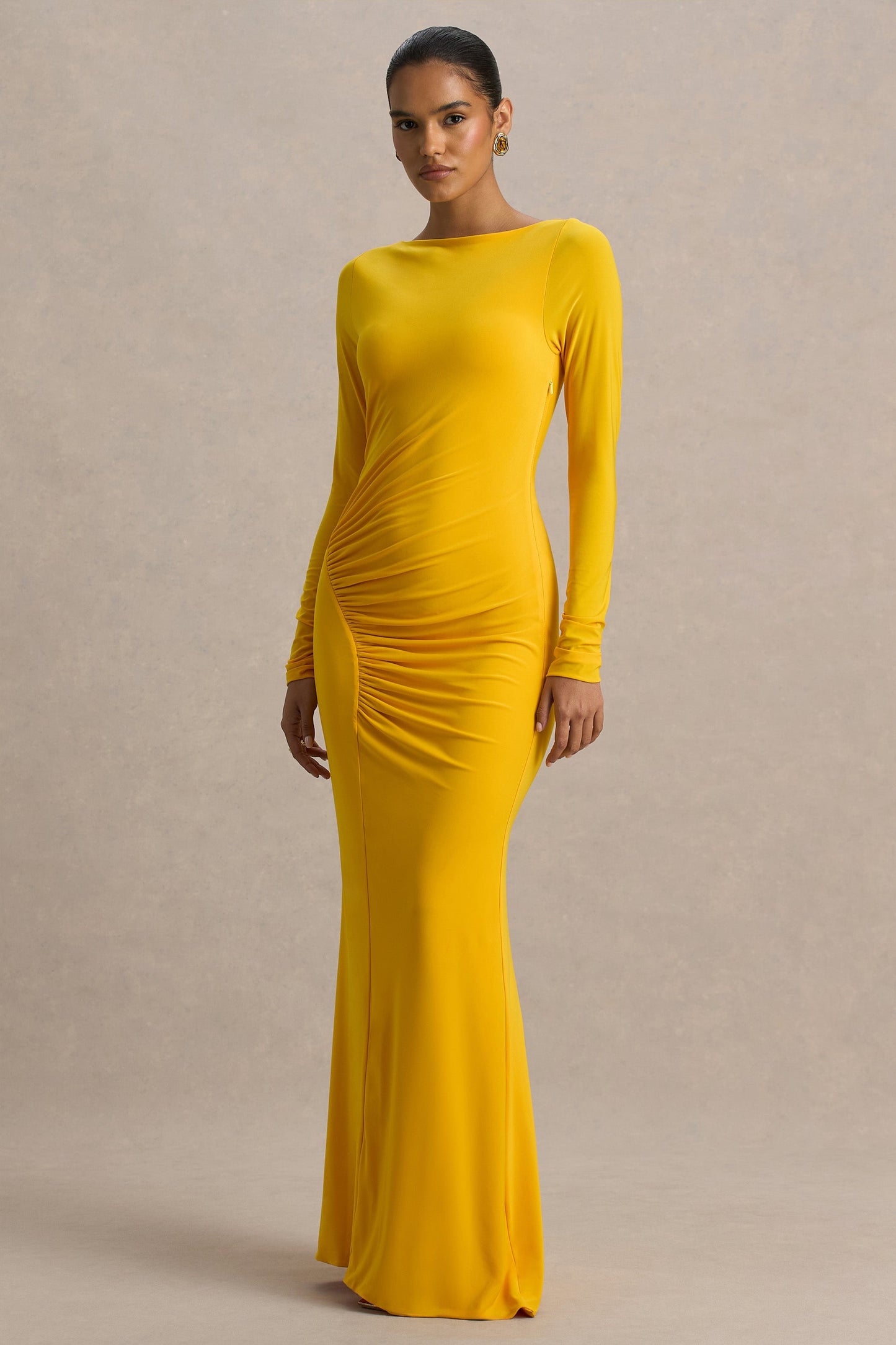 Culture® | Yellow Slashed-Neck Maxi Dress With Ruched Detailing
