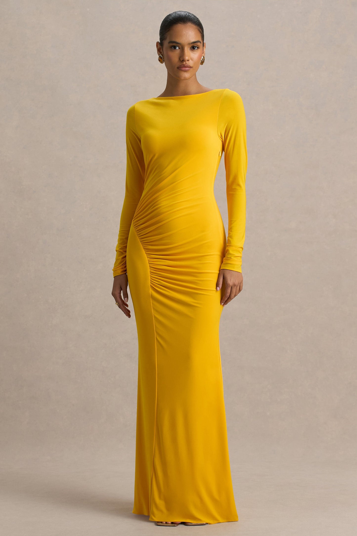 Culture® | Yellow Slashed-Neck Maxi Dress With Ruched Detailing