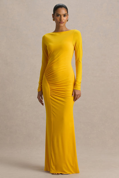 Culture® | Yellow Slashed-Neck Maxi Dress With Ruched Detailing