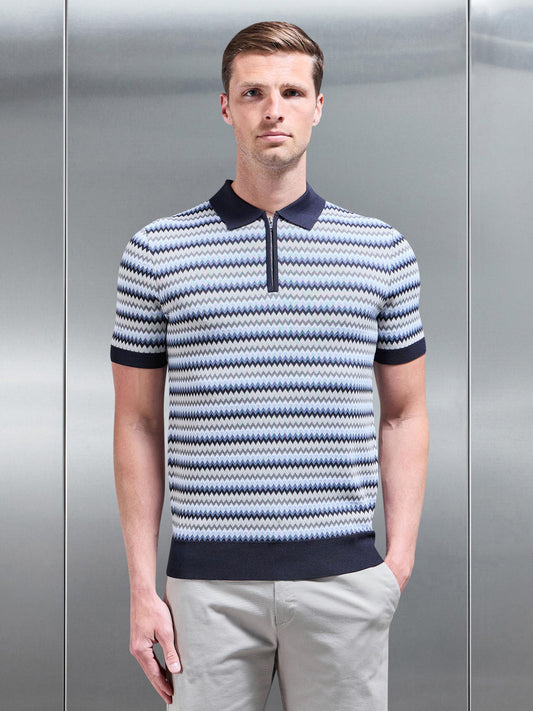 Culture® | Jacquard Zig Zag Knitted Zip Polo Shirt in Navy