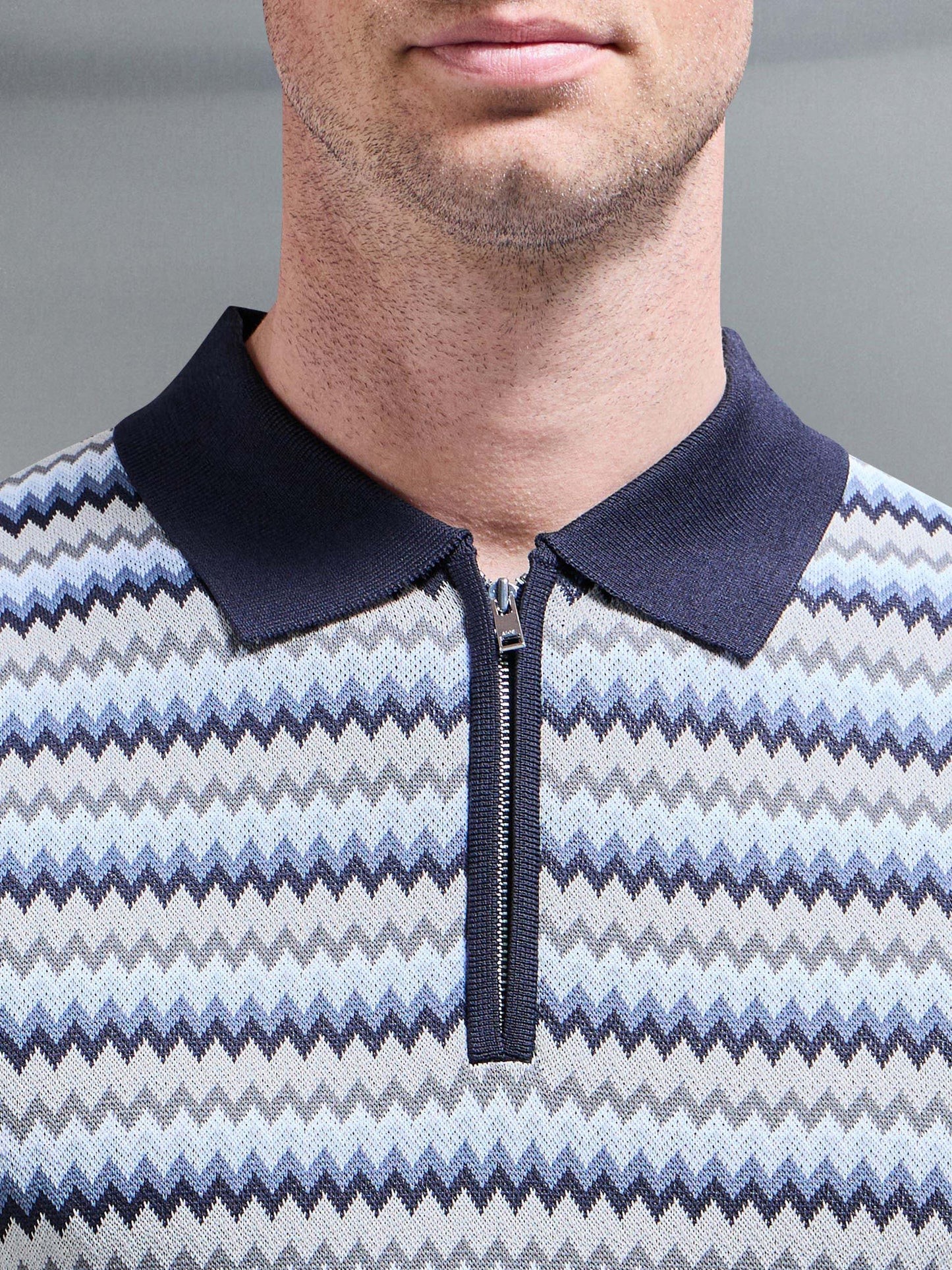Culture® | Jacquard Zig Zag Knitted Zip Polo Shirt in Navy