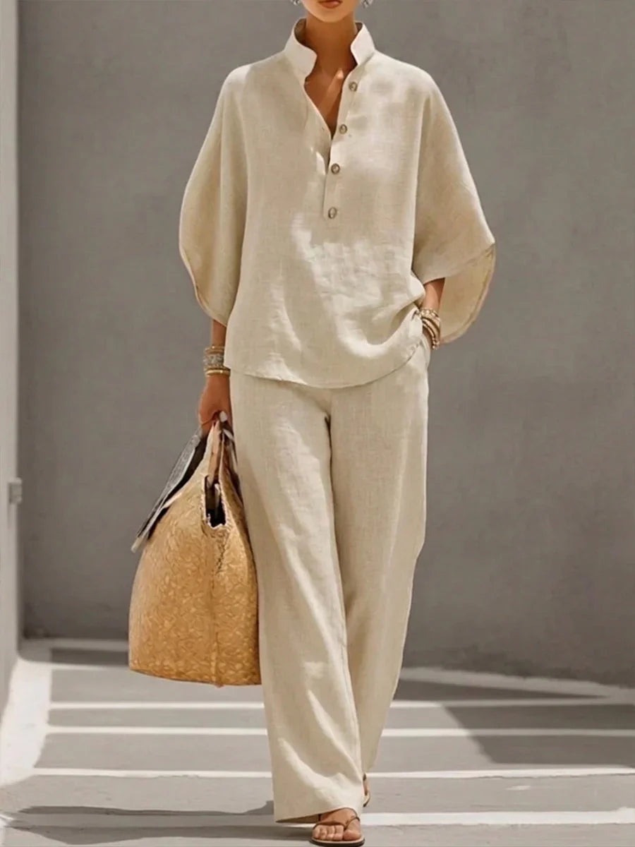 Culture® | Linen Two-Piece Set with Batwing Sleeves & Wide-Leg Pants