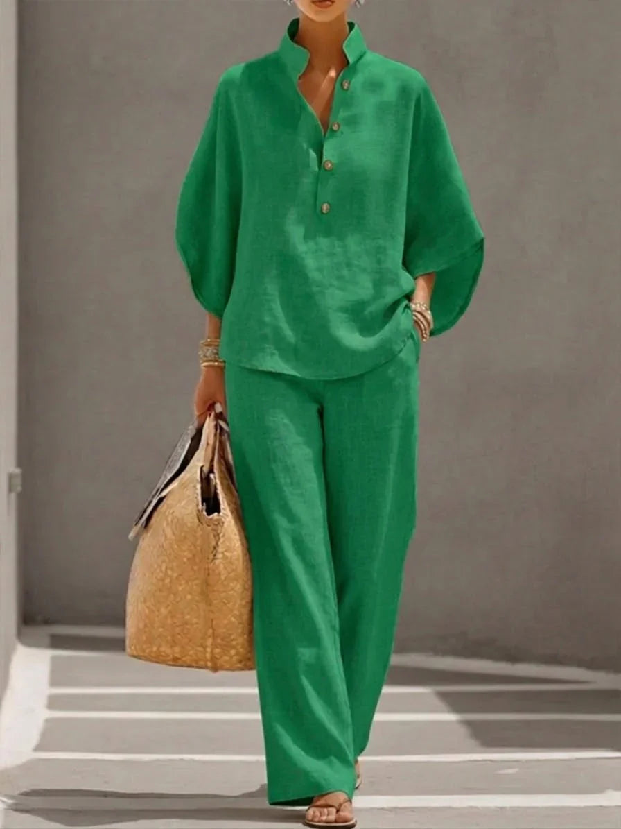 Culture® | Linen Two-Piece Set with Batwing Sleeves & Wide-Leg Pants