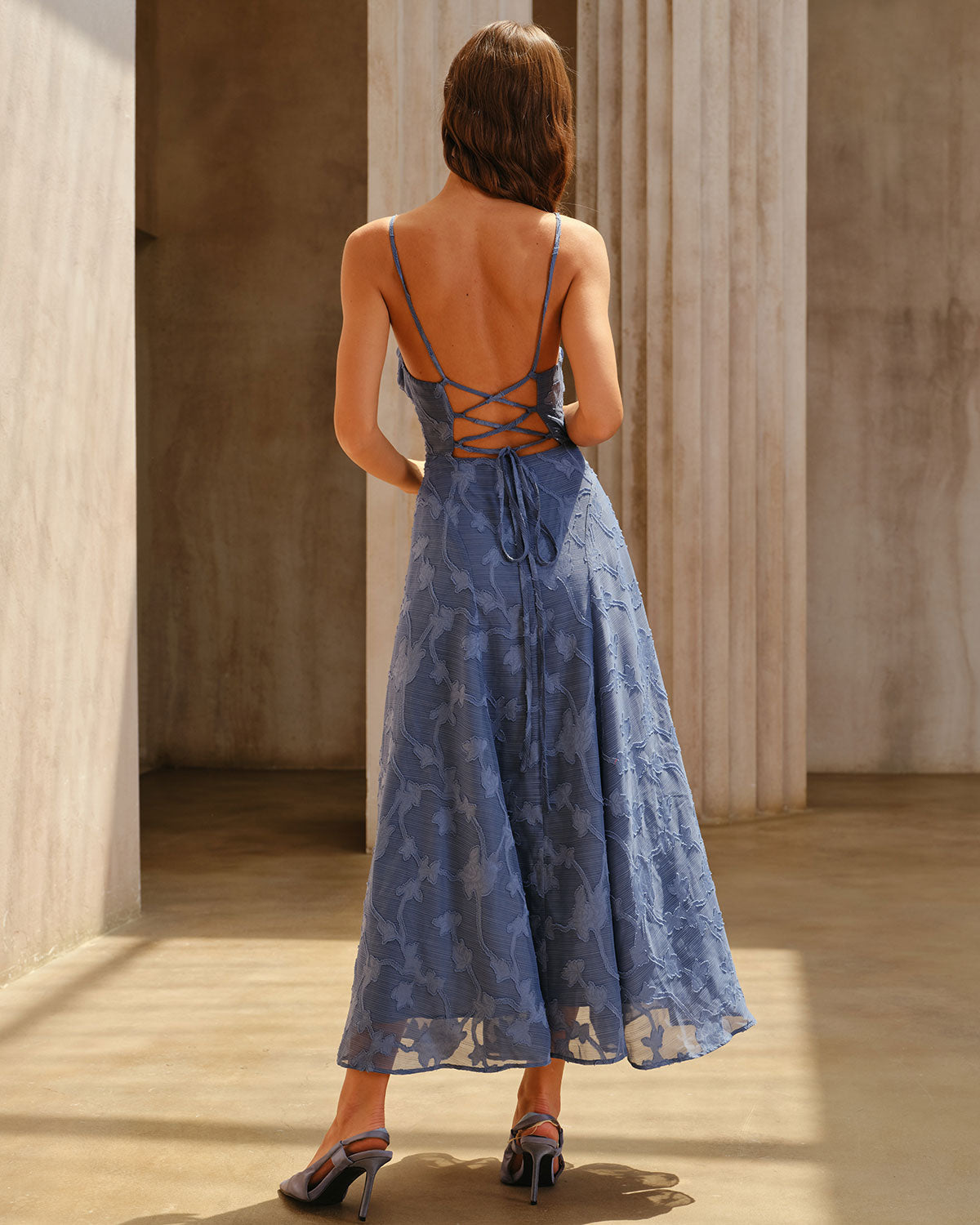 Culture® | Blue Jacquard Ruched Slip Maxi Dress