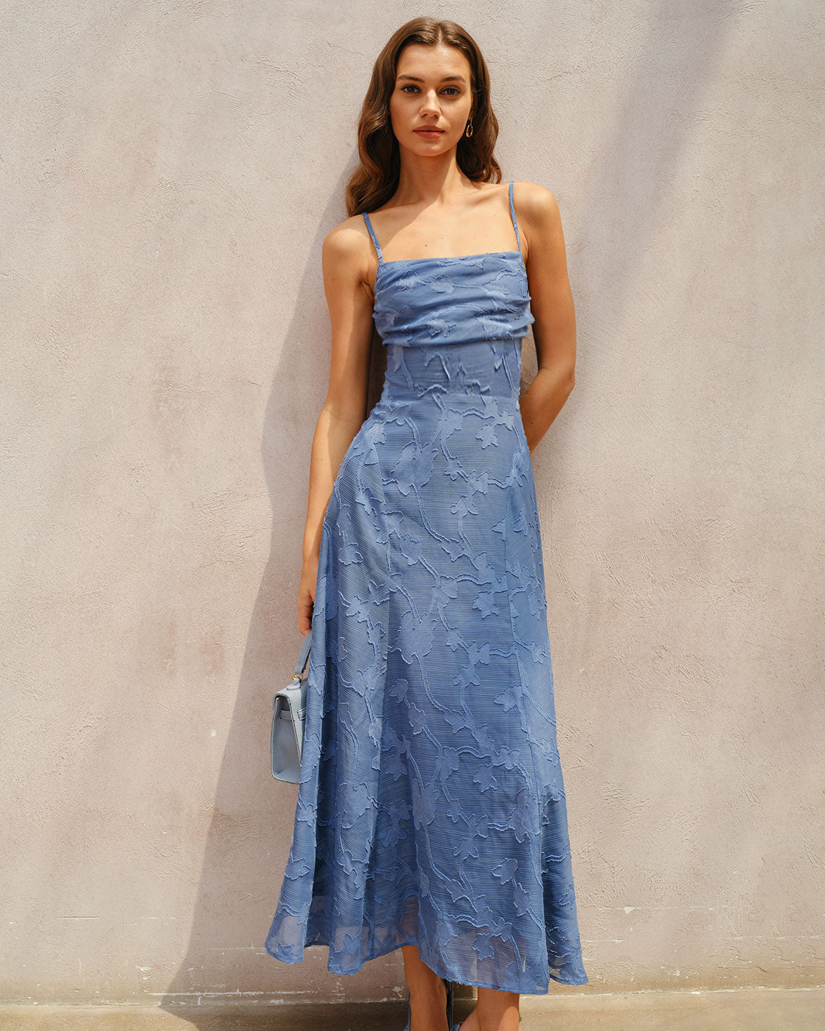 Culture® | Blue Jacquard Ruched Slip Maxi Dress