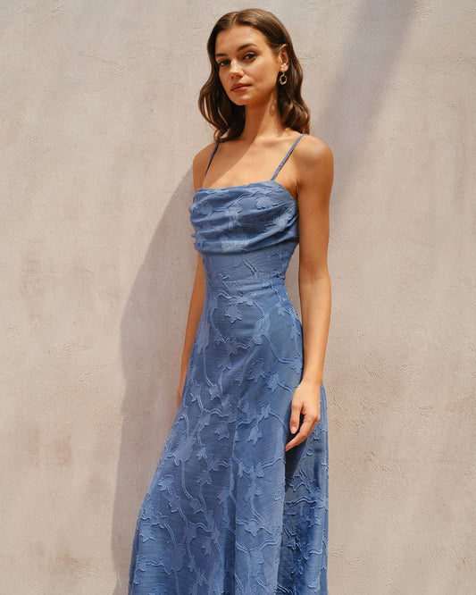 Culture® | Blue Jacquard Ruched Slip Maxi Dress