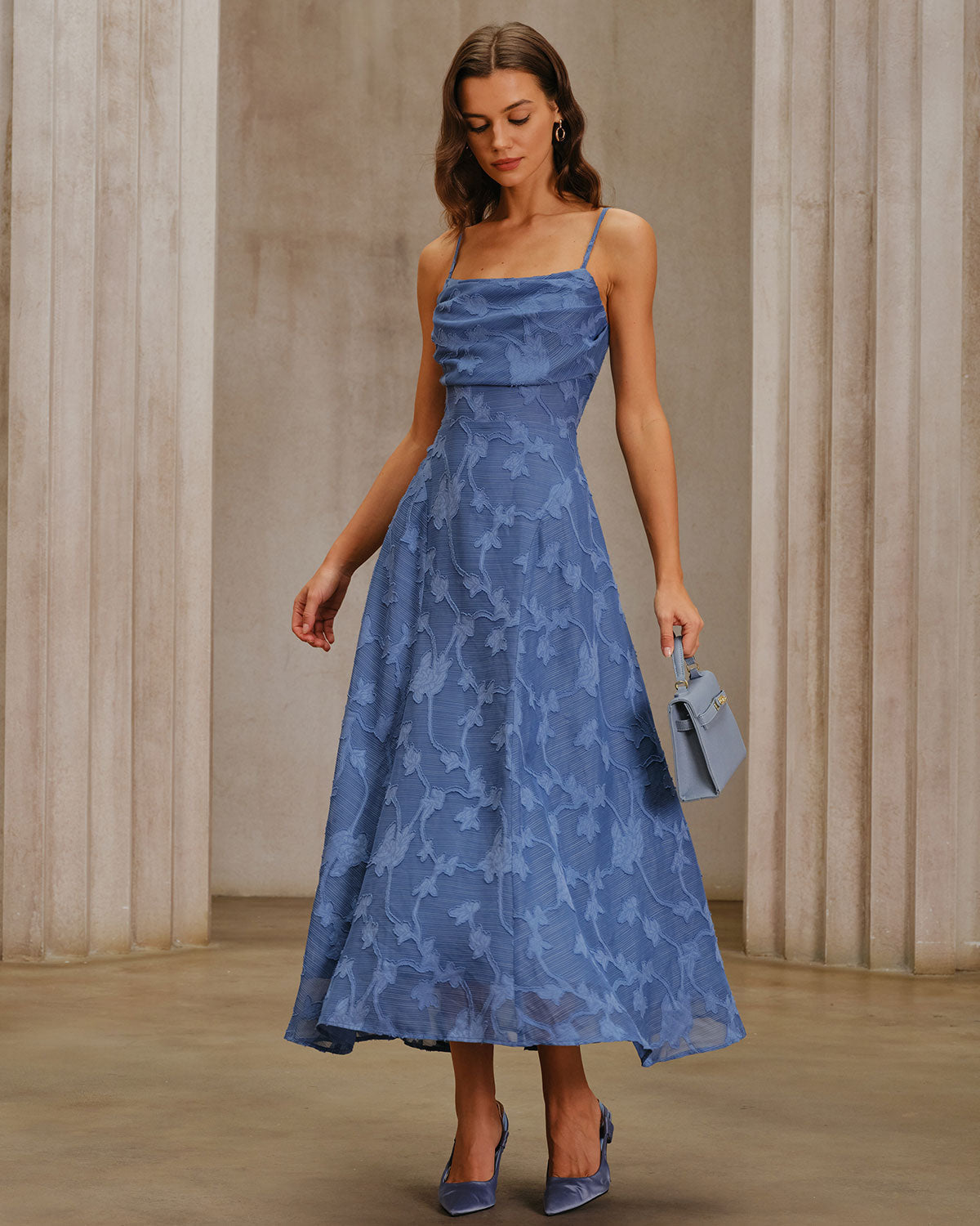 Culture® | Blue Jacquard Ruched Slip Maxi Dress