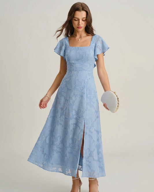 Culture® | Blue Floral Square Neck Midi Dress